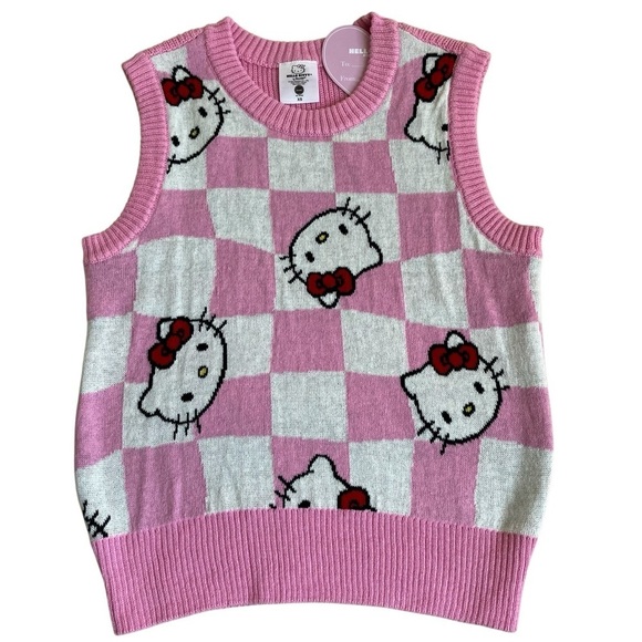 Hello Kitty Sweater Vest Checkered Pink Chunky Knit Academia Kidcore NWT Sz XS - Picture 6 of 14